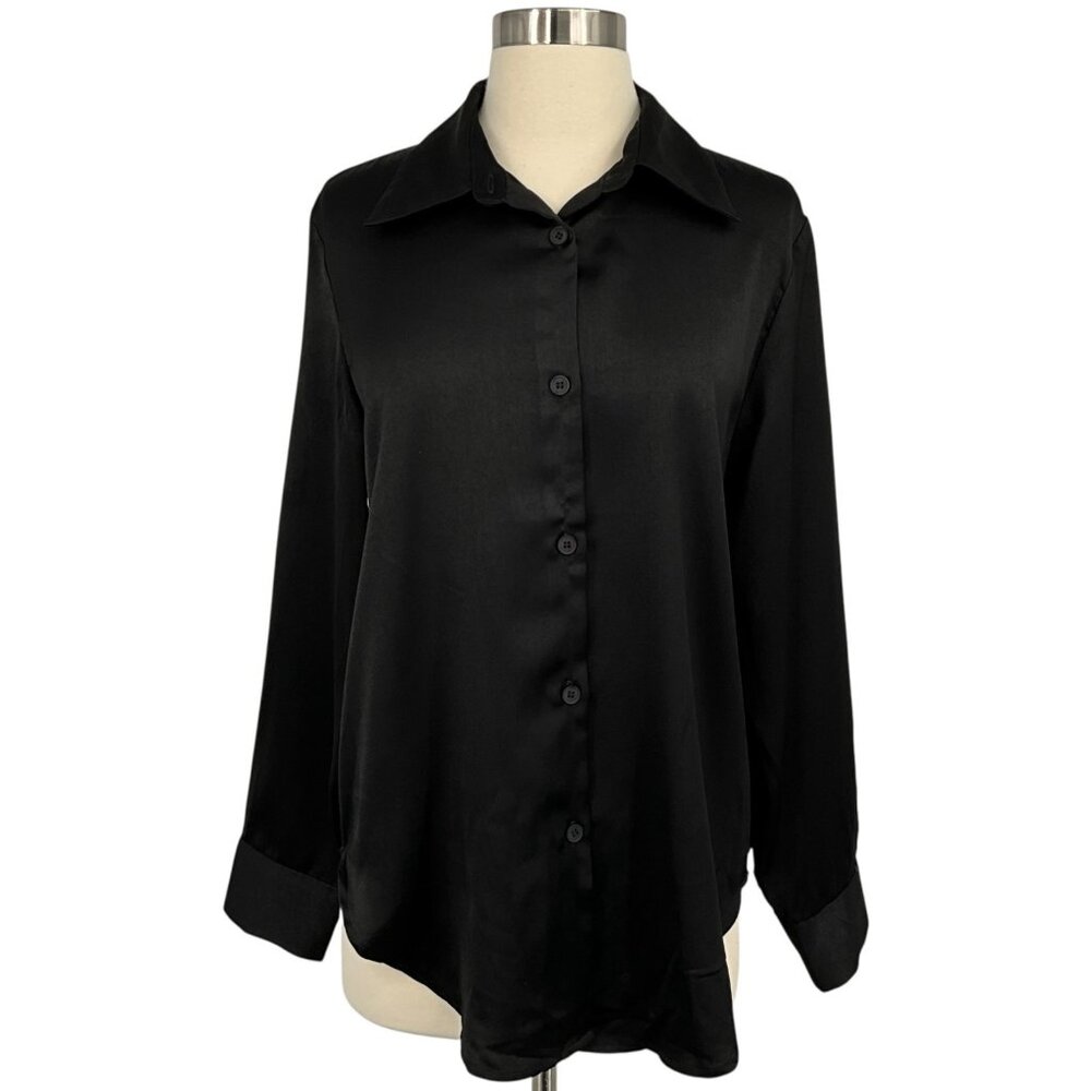 Mimosa Clothing Paris Top Black Satin Button Up Long Sleeve Size Small S